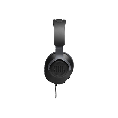 Schwarzer JBL-Kopfhörer mit grauen Details, Kabel. Frontansicht, freigestellt.
