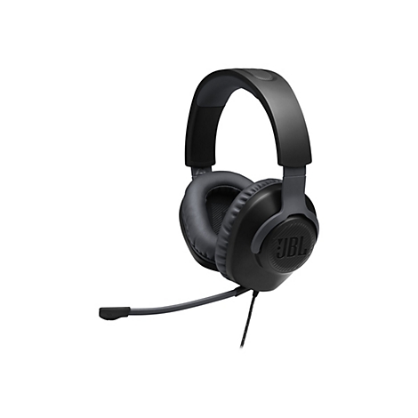Schwarzes Gaming-Headset mit Mikrofon, JBL-Logo auf Ohrmuschel. Kabelanschluss.