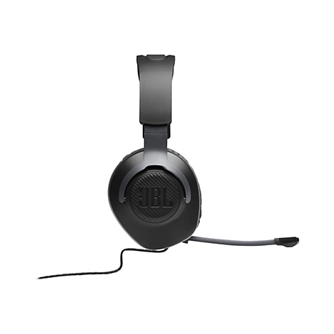 Schwarzes JBL-Gaming-Headset mit Mikrofon und Kabel. Der Kopfhörer hat das JBL-Logo.
