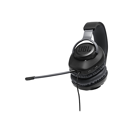 Schwarzer Kopfhörer mit Mikrofon, JBL Logo, Kabel. Ohrmuscheln und Bügel gepolstert.