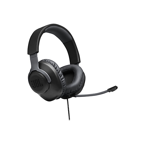Schwarzes Gaming-Headset mit Mikrofon. Auf dem linken Ohr ist das JBL-Logo zu sehen.