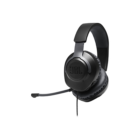 Schwarzes Over-Ear-Gaming-Headset mit Mikrofon und JBL-Logo. Das Headset ist vor weißem Hintergrund fotografiert.