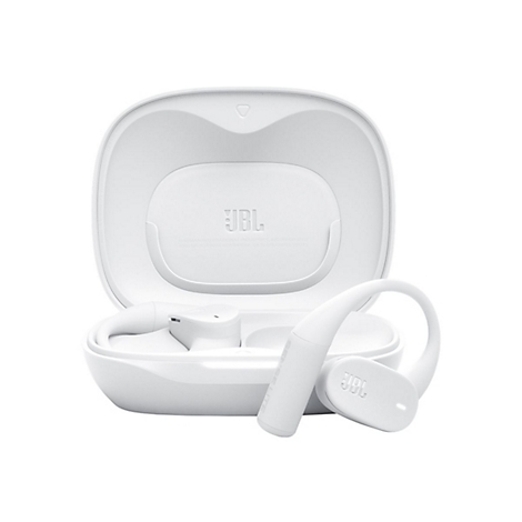 Weiße JBL Soundgear Sense Kopfhörer mit Ladecase vor weißem Hintergrund.