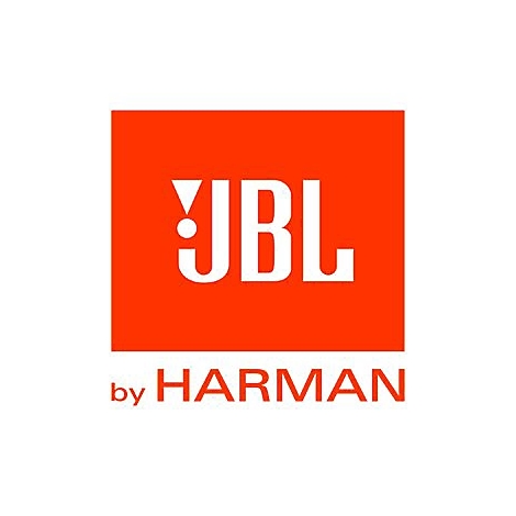 Das weiße JBL Logo auf orangem Quadrat mit dem Zusatzschriftzug by HARMAN in Orange.