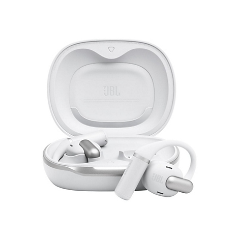 Weiße JBL Soundgear Sense Kopfhörer in ihrem geöffneten, weißen Ladecase.