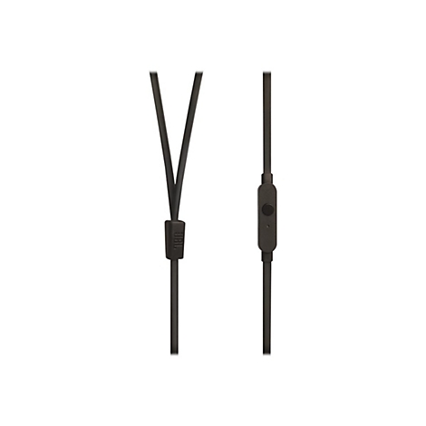 Drahtlose, dunkelgraue Kopfhörer mit einem JBL-Logo. Auf der einen Seite Kabel mit Fernbedienung. Auf der anderen Seite Kabel, das sich zu einem V teilt.