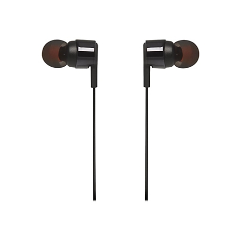 Zwei schwarze In-Ear-Kopfhörer mit schwarzen Kabeln und roten Ohrstöpseln vor weißem Hintergrund.