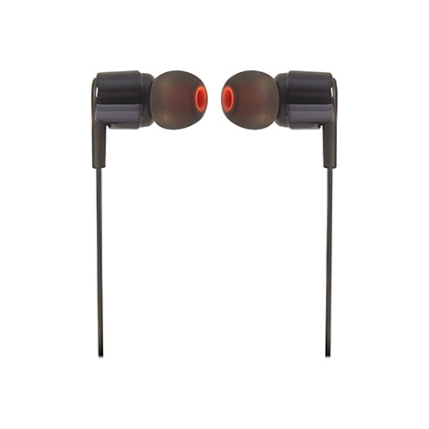 Schwarze In-Ear-Kopfhörer mit orangen Ohrstöpseln und feinen Kabeln.