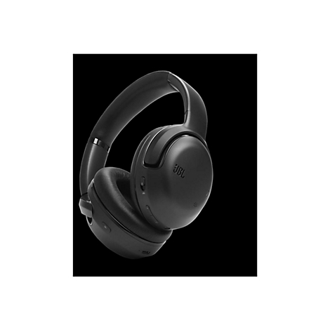 Schwarze, kabellose JBL Over-Ear-Kopfhörer vor schwarzem Hintergrund.