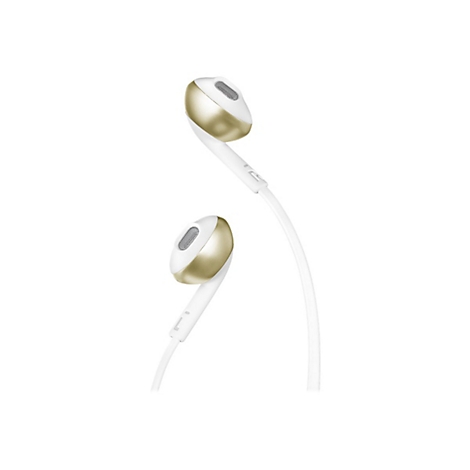 Weiße In-Ear-Kopfhörer mit goldfarbenen Akzenten vor weißem Hintergrund.