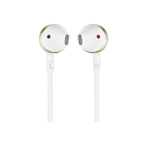 Weiße In-Ear-Kopfhörer mit goldenem Rand, blauem Punkt links und rotem Punkt rechts vor weißem Hintergrund.