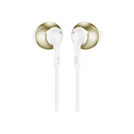 Zwei gold-weiße JBL In-Ear-Kopfhörer vor weißem Hintergrund.