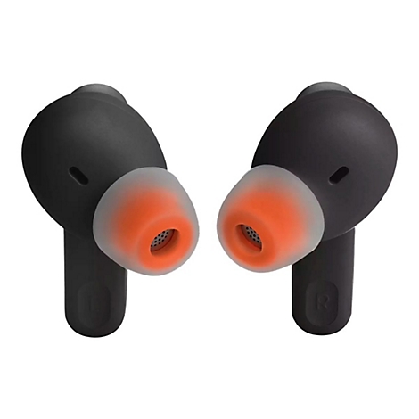 Zwei schwarze In-Ear-Kopfhörer mit orangefarbenen Ohrpolstern, nebeneinander vor weißem Hintergrund.