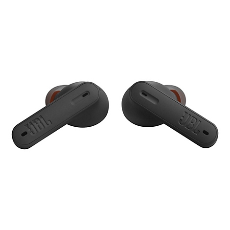 Zwei schwarze JBL-In-Ear-Kopfhörer mit Stielen vor weißem Hintergrund.