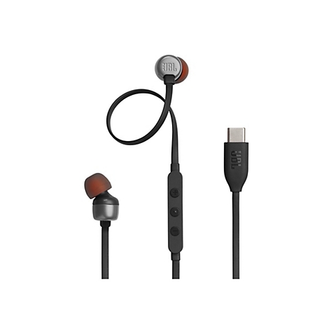 Schwarze JBL-In-Ear-Kopfhörer mit USB-C-Anschluss, Kabelfernbedienung und metallisch glänzenden Gehäusen.