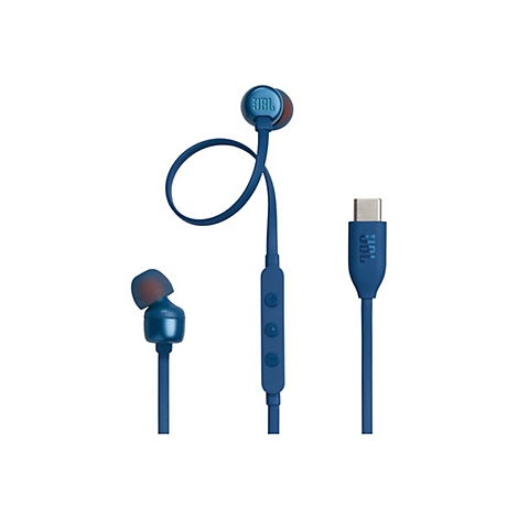 Blaue JBL In-Ear-Kopfhörer mit Kabel und USB-C-Anschluss vor weißem Hintergrund.