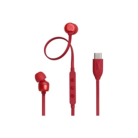 Rote JBL In-Ear-Kopfhörer, Kabel und USB-C-Anschluss vor weißem Hintergrund.