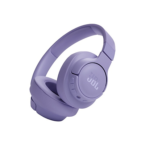 Helle, fliederfarbene JBL Bluetooth-Kopfhörer vor weißem Hintergrund.