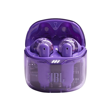 Violette JBL-Kopfhörer in geöffneter Ladebox. Transparente Kunststoffhülle zeigt das Innenleben. Logo und LEDs sind sichtbar.