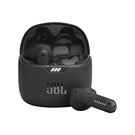 Schwarze JBL In-Ear-Kopfhörer mit Ladestation vor neutralem Hintergrund.
