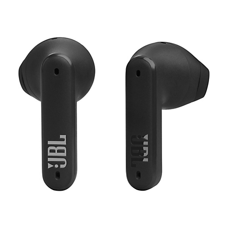 Zwei schwarze JBL-In-Ear-Kopfhörer vor weißem Hintergrund mit gut sichtbarem JBL-Logo.