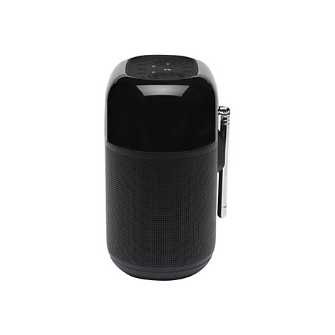 Schwarzer, zylindrischer Bluetooth-Lautsprecher. Auf der Oberseite befinden sich Bedienknöpfe. Rechts eine Antenne.