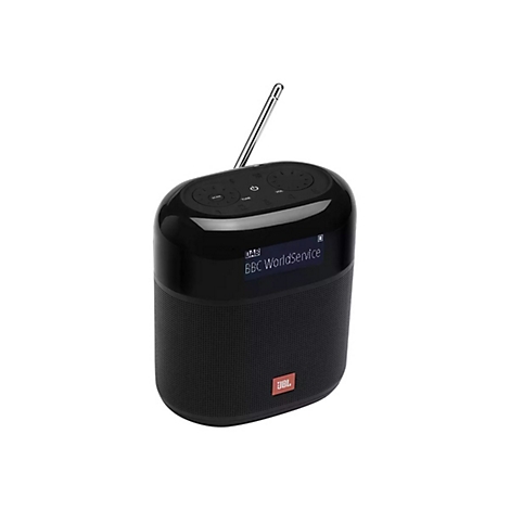 Schwarzes JBL-Radio mit ausgefahrener Antenne. Auf dem Display ist BBC WorldService zu sehen.