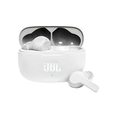 Weiße JBL Bluetooth-In-Ear-Kopfhörer in geöffnetem Ladecase mit JBL-Logo.