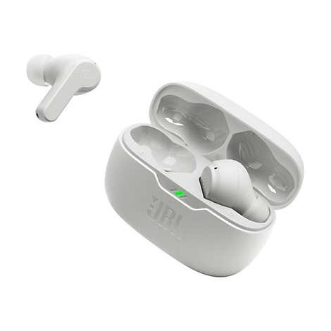 Weiße JBL True-Wireless-Kopfhörer mit Ladecase vor weißem Hintergrund.