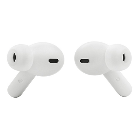 Zwei weiße kabellose In-Ear-Kopfhörer vor weißem Hintergrund, ein rechter und ein linker Hörer.