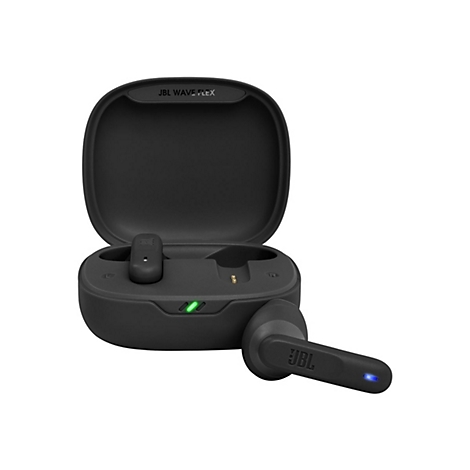 Schwarze JBL Wave Flex In-Ear-Kopfhörer mit offenem Ladecase vor weißem Hintergrund.