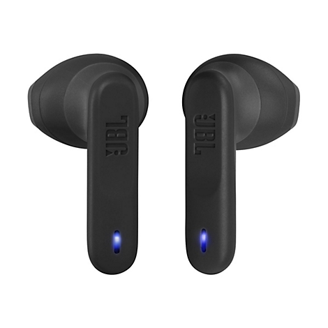 Zwei schwarze JBL-In-Ear-Kopfhörer vor weißem Hintergrund mit leuchtenden blauen LED-Statusanzeigen.