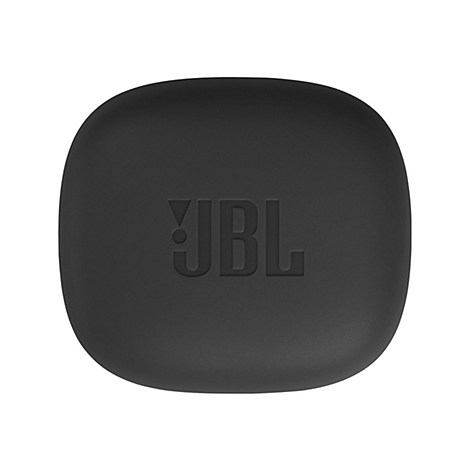 Schwarzes, abgerundetes JBL-Ladeetui für In-Ear-Kopfhörer von oben betrachtet.