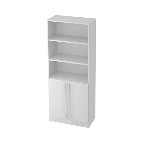 White bookcase with open shelves and double doors, standing vertically.