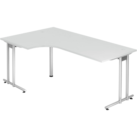 White corner desk with silver legs, rounded on the left.