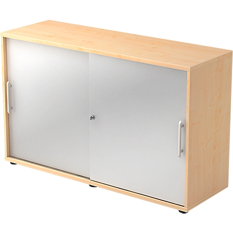 Wooden cabinet with sliding milk glass doors. Silver handles and a small lock.