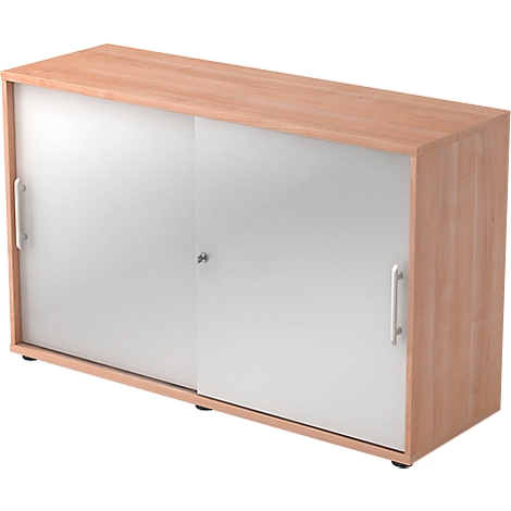 Office cabinet with wooden frame and sliding doors with white glass. Two silver handles.