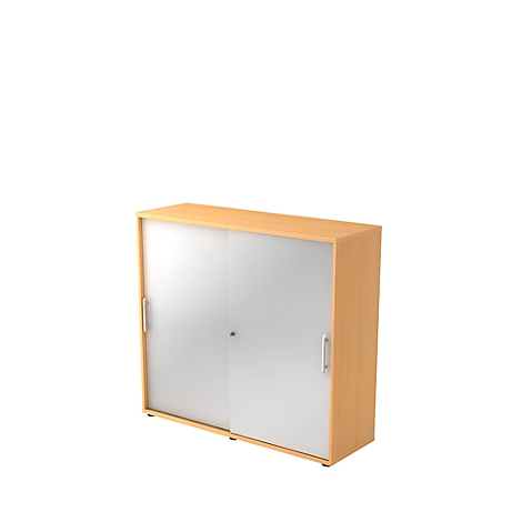 Wooden cabinet with sliding glass doors. The cabinet has a rectangular shape and a light wood color.