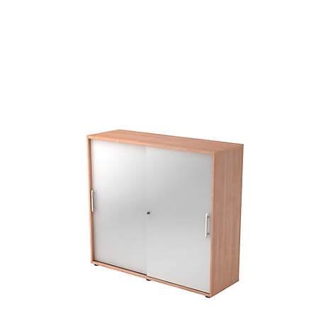 Wooden cabinet with sliding doors. Frosted glass doors. Chrome-look handles and lock.
