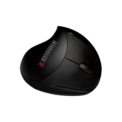 Schwarze, ergonomische Maus mit dem Schriftzug 'JENIMAGE' und 'E2' in Rot.
