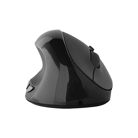 Ein ergonomische Vertikalmaus in glänzendem Schwarz, seitlich betrachtet. Sie hat eine ungewöhnliche Form.