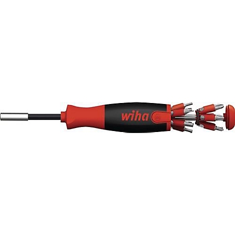 Un tournevis rouge et noir avec plusieurs accessoires; le nom "wiha" est visible sur la poignée.