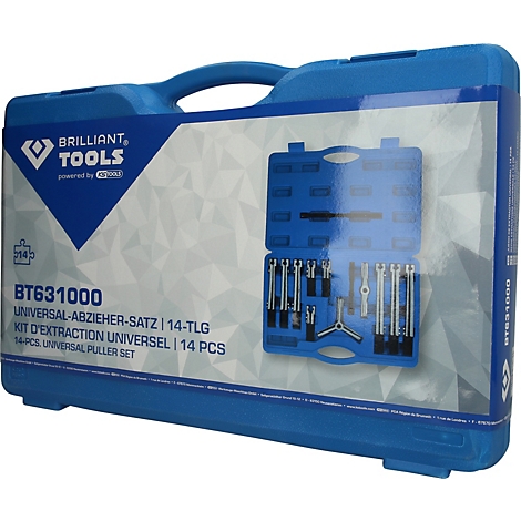 Mallette bleue Brilliant Tools contenant un kit d'extraction universel de 14 pièces.