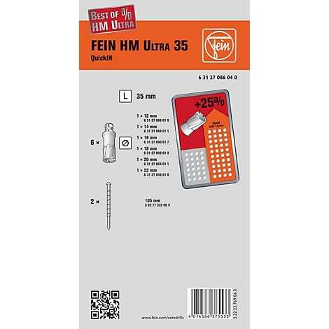Carte produit avec détails de perceuse, texte : FEIN HM Ultra 35, QuickIN, dimensions et code produit.