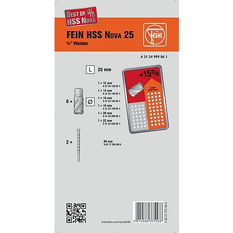 Emballage du produit avec des images du produit et des détails techniques. L'emballage affiche l'inscription 'FEIN HSS Nova 25'.