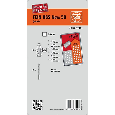 Emballage de produit avec des forets, texte "FEIN HSS Nova 50". Comprend des détails sur les dimensions et une note de remise de +15%.