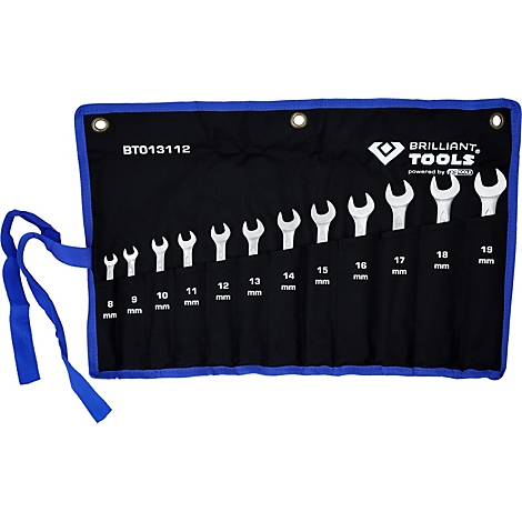 Un jeu de clés plates Brilliant Tools dans une trousse à outils noire à bords bleus.