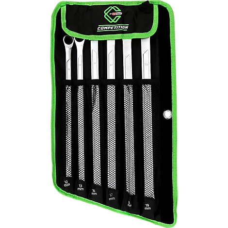 Ensemble de six clés dans une pochette enroulable noire avec bordure vert néon et logo de la marque.