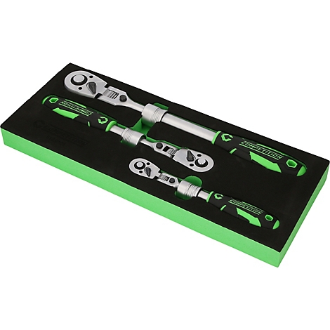 Trois cliquets articulés de différentes tailles dans un insert en mousse vert.