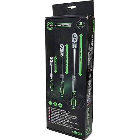 Emballage noir pour un jeu de trois cliquets télescopiques verts, illustrant les outils et leurs dimensions.